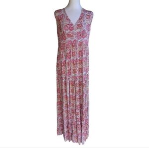 Garnet Hill Sleeveless Red Paisley Tiered Maxi Dress Empire Waist Size Medium